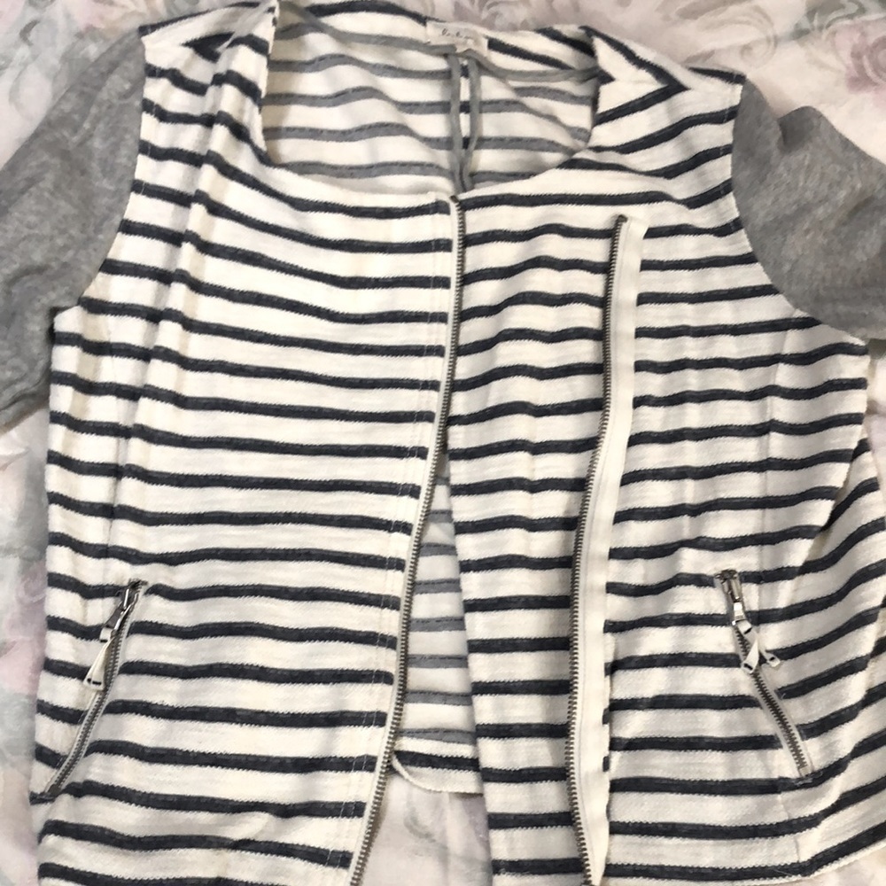 LOU & GREY Anthropologie Moto Jacket Grey & White Stripes Assymetrical Zip sz L - Picture 12 of 13